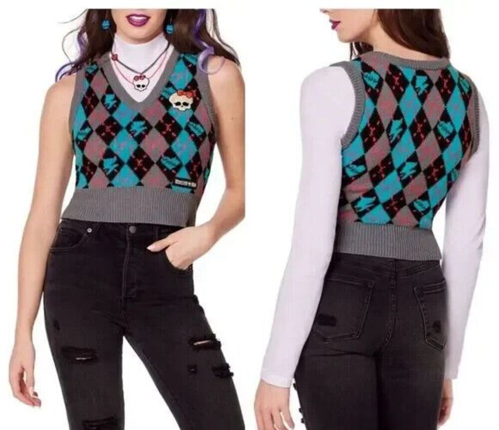 Goth Schoolgirl Alumni Sweater Argyle Vest Embroidered Skull Size M NWOT Punk